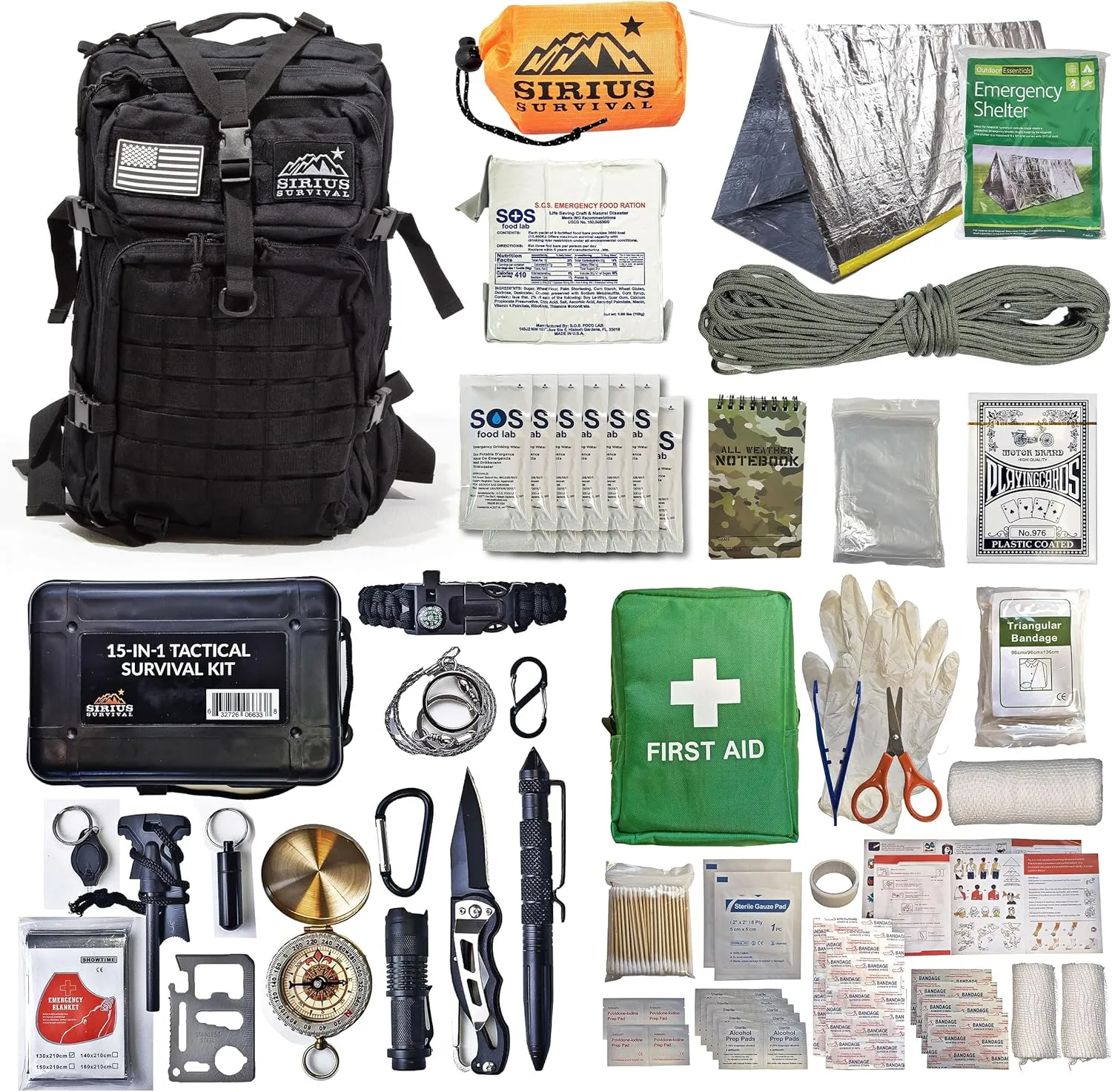 Sirius: Bug Out Bag Starter Kit - 72 Hour Kit for 1 Person – Backpack Survival Kit – 50L Tactical Backpack, US Made Food & Water, Medical Supplies & Survival Tools