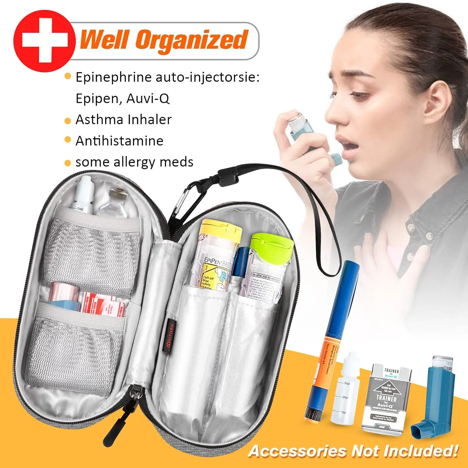 SITHON EpiPen Medical Carrying Case Insulated, Travel Medication Organizer Bag Emergency Medical Pouch Holds 2 EpiPens, Asthma Inhaler, Anti-Histamine, Auvi-Q, Allergy Medicine Essentials, Gray/Black
