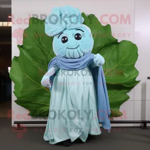 Sky Blue Cabbage Leaf mascot costume character dressed with a Evening Gown and Scarf clips, Large