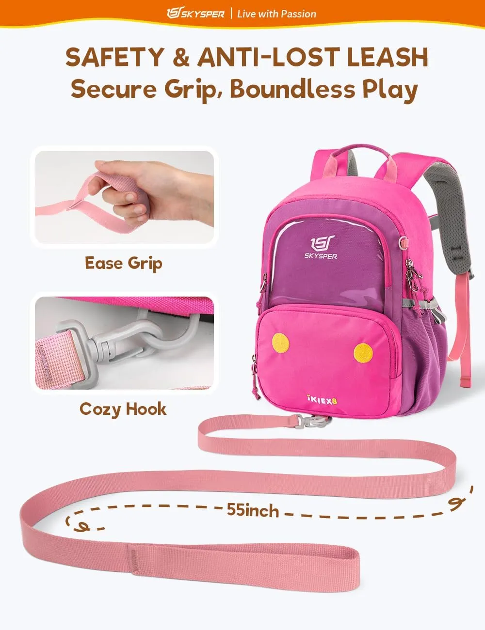 SKYSPER Small Toddler Backpack with Safety Anti-lost Leash Kids Travel Daypack for Preschool Kindergarten for Boys Girls