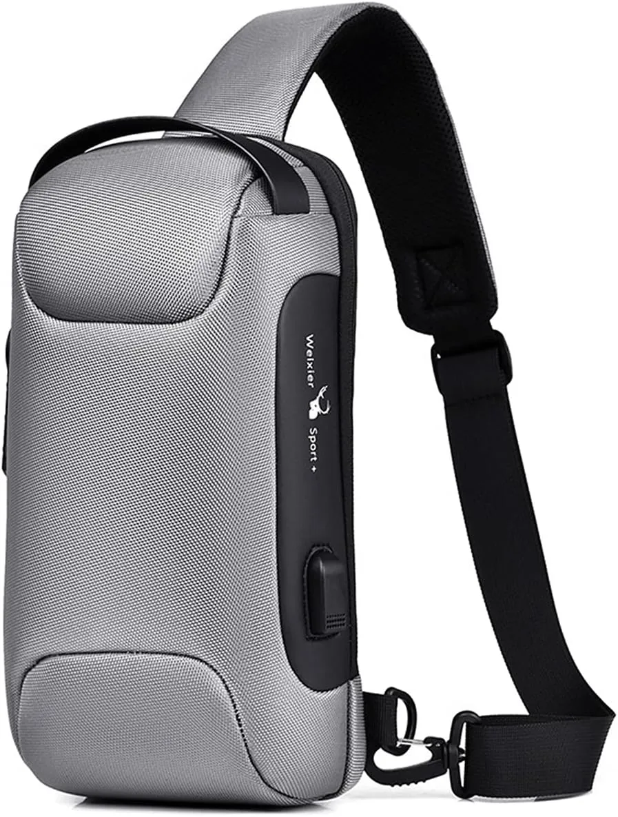 Sling Backpack USB Anti-Theft Waterproof Chest Daypack Casual Shoulder Bag (Grey)