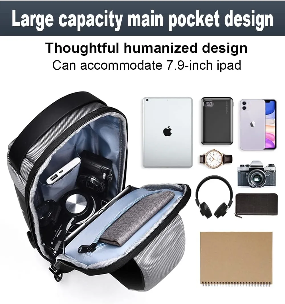 Sling Backpack USB Anti-Theft Waterproof Chest Daypack Casual Shoulder Bag (Grey)