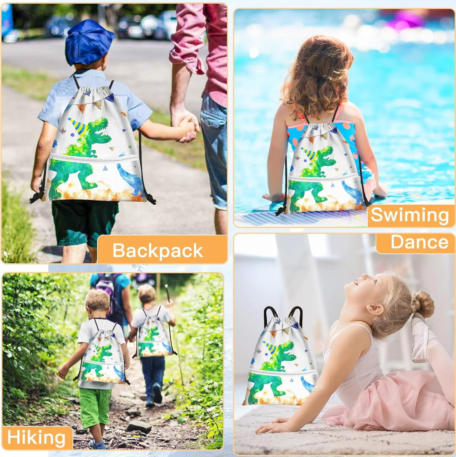 Slohif Drawstring Backpack Beach Swim Bag for Kids Draw String Dance Travel Cinch Ballet Gym Bags for Girls Boys Green Dinosaur Waterproof Backpack for Swimming Summer Camp Pool Sports Nylon Large