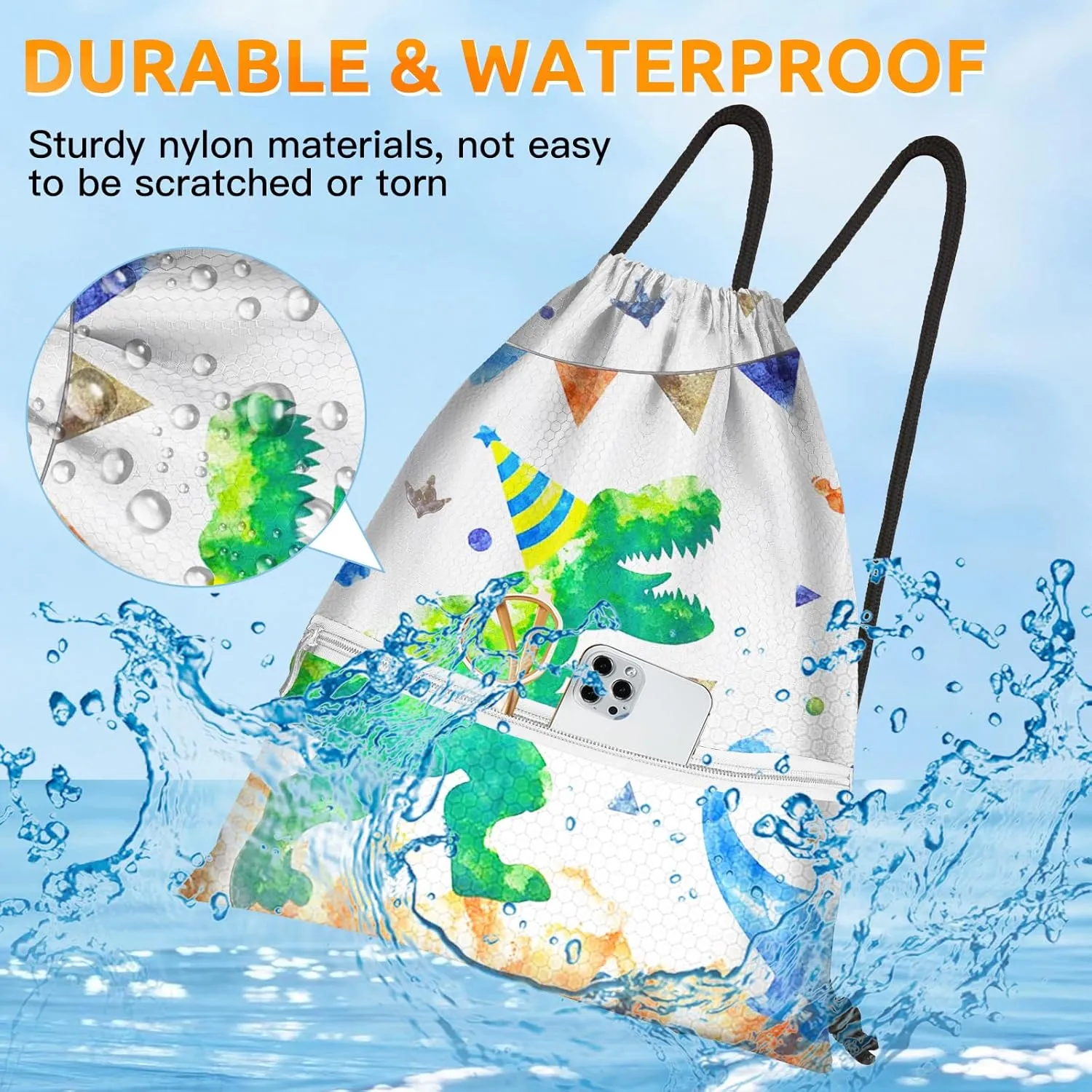 Slohif Drawstring Backpack Beach Swim Bag for Kids Draw String Dance Travel Cinch Ballet Gym Bags for Girls Boys Green Dinosaur Waterproof Backpack for Swimming Summer Camp Pool Sports Nylon Large