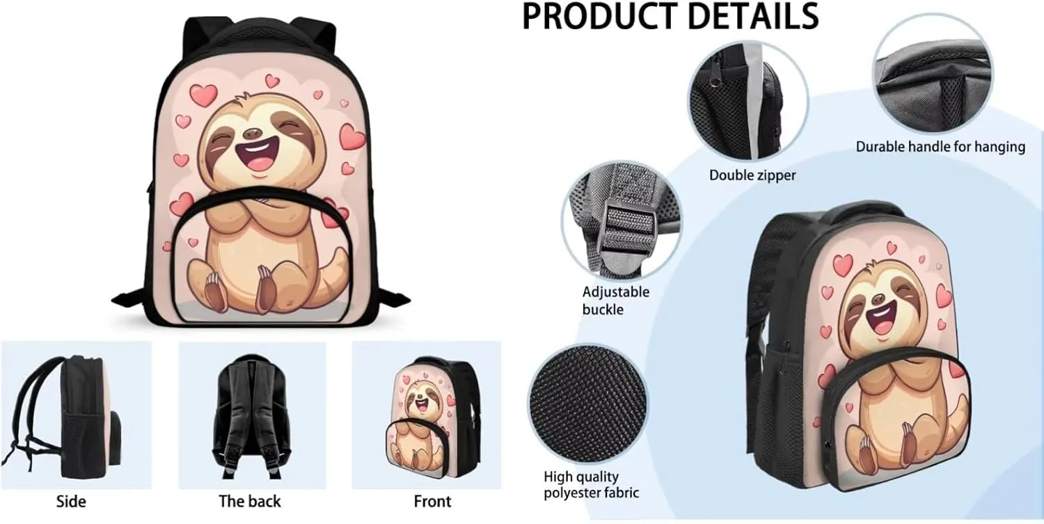 Sloth Book Bags for Girls Kindergarten Cute Backpack with Lunch Bag and Trendy Pencil Case Casual Daypack with Front Pockets for Camping Outdoor Travel Sports 12 Inch