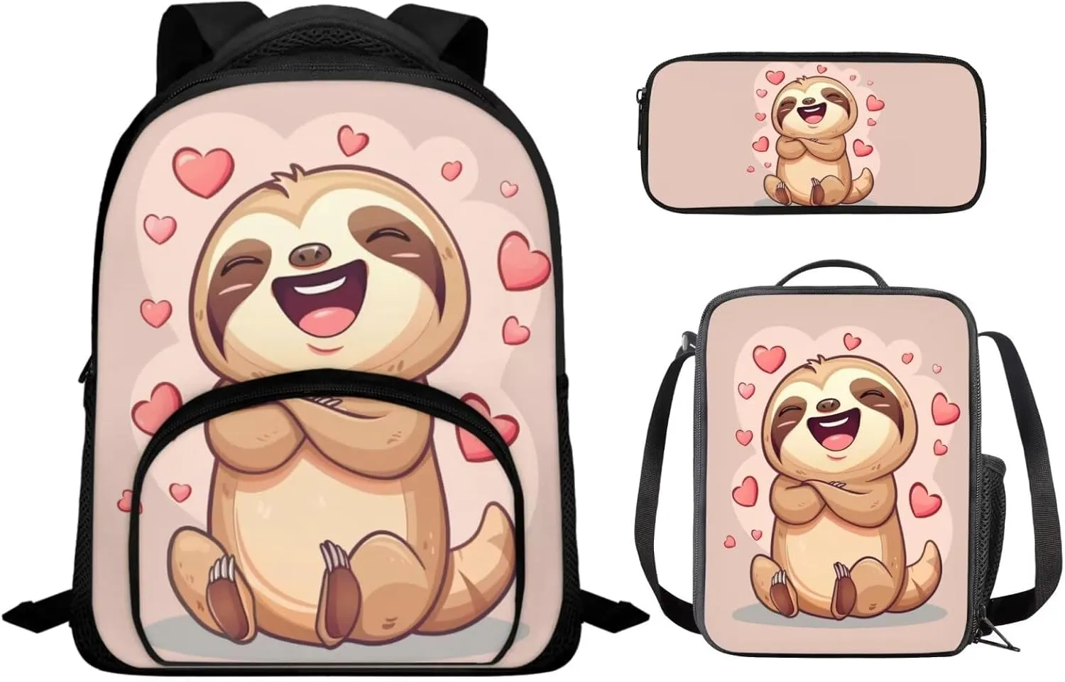Sloth Book Bags for Girls Kindergarten Cute Backpack with Lunch Bag and Trendy Pencil Case Casual Daypack with Front Pockets for Camping Outdoor Travel Sports 12 Inch