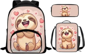 Sloth Book Bags for Girls Kindergarten Cute Backpack with Lunch Bag and Trendy Pencil Case Casual Daypack with Front Pockets for Camping Outdoor Travel Sports 12 Inch