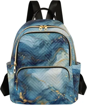 Small Backpack Purse for Women, Abstract Blue and Gold Marble Travel Bag Casual Daypack Shoulder Bag