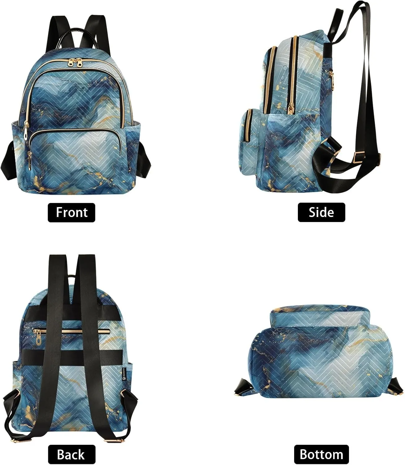 Small Backpack Purse for Women, Abstract Blue and Gold Marble Travel Bag Casual Daypack Shoulder Bag