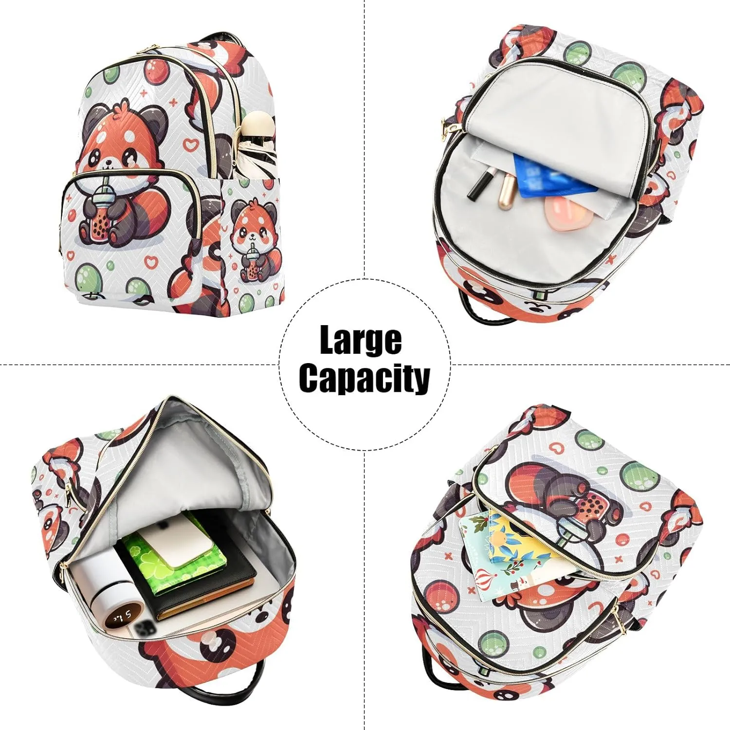 Small Backpack Purse for Women, Cute Red Panda with Bubble Tea Cartoon Travel Bag Casual Daypack Shoulder Bag