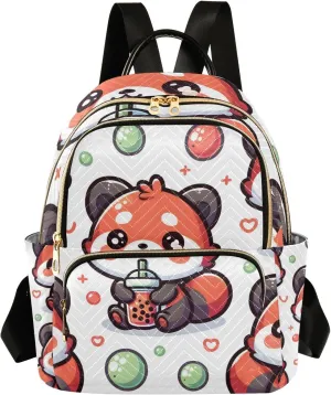 Small Backpack Purse for Women, Cute Red Panda with Bubble Tea Cartoon Travel Bag Casual Daypack Shoulder Bag