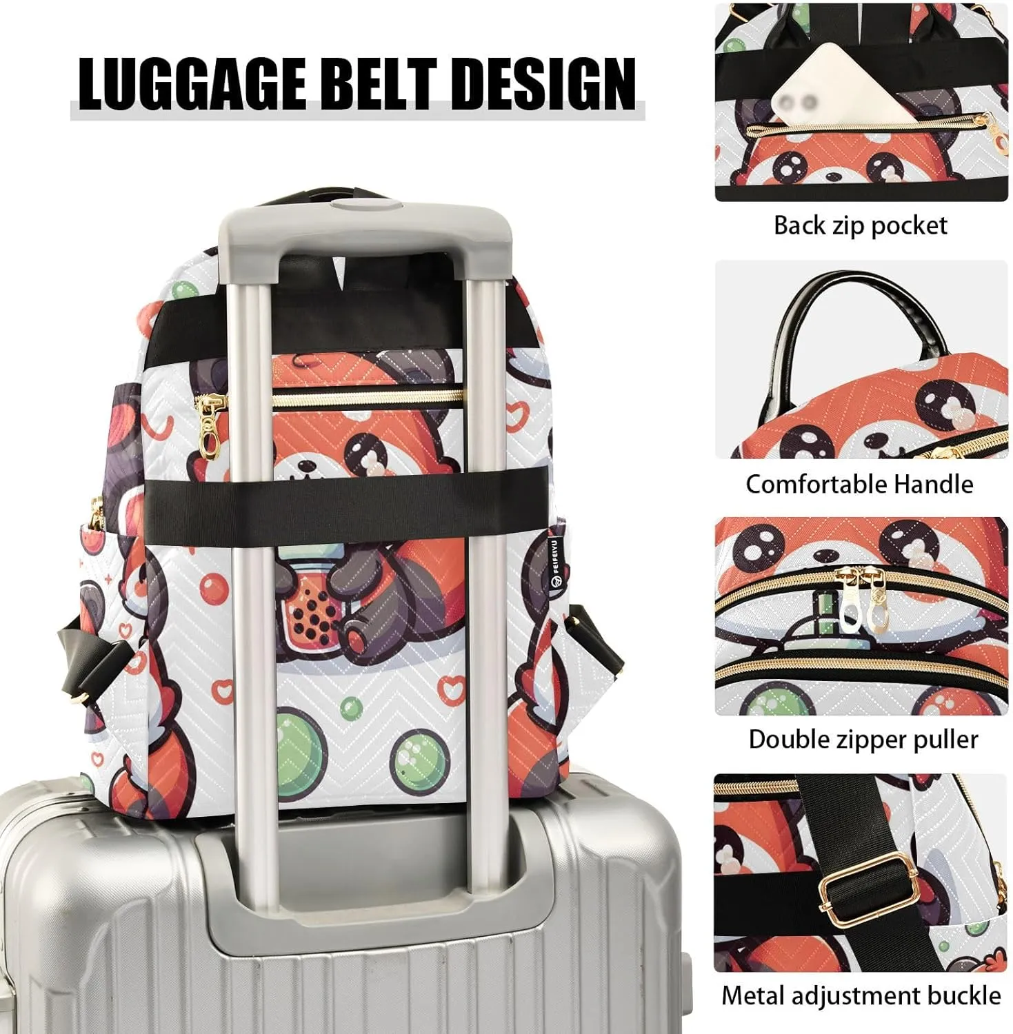 Small Backpack Purse for Women, Cute Red Panda with Bubble Tea Cartoon Travel Bag Casual Daypack Shoulder Bag