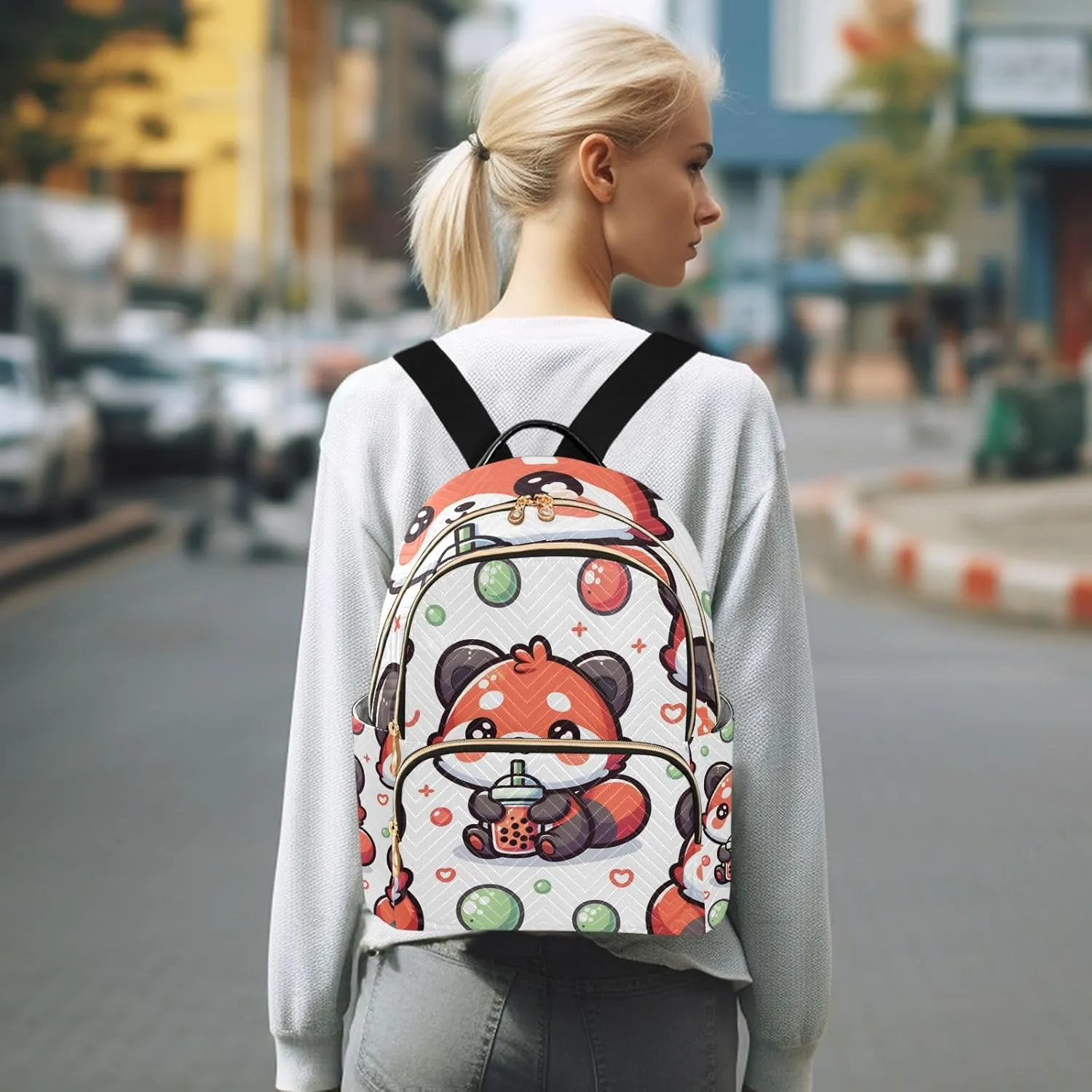 Small Backpack Purse for Women, Cute Red Panda with Bubble Tea Cartoon Travel Bag Casual Daypack Shoulder Bag