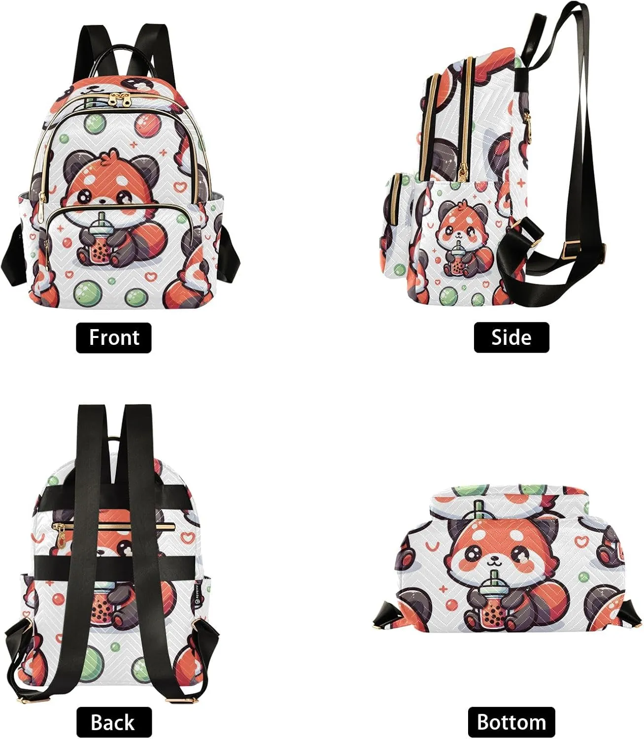 Small Backpack Purse for Women, Cute Red Panda with Bubble Tea Cartoon Travel Bag Casual Daypack Shoulder Bag
