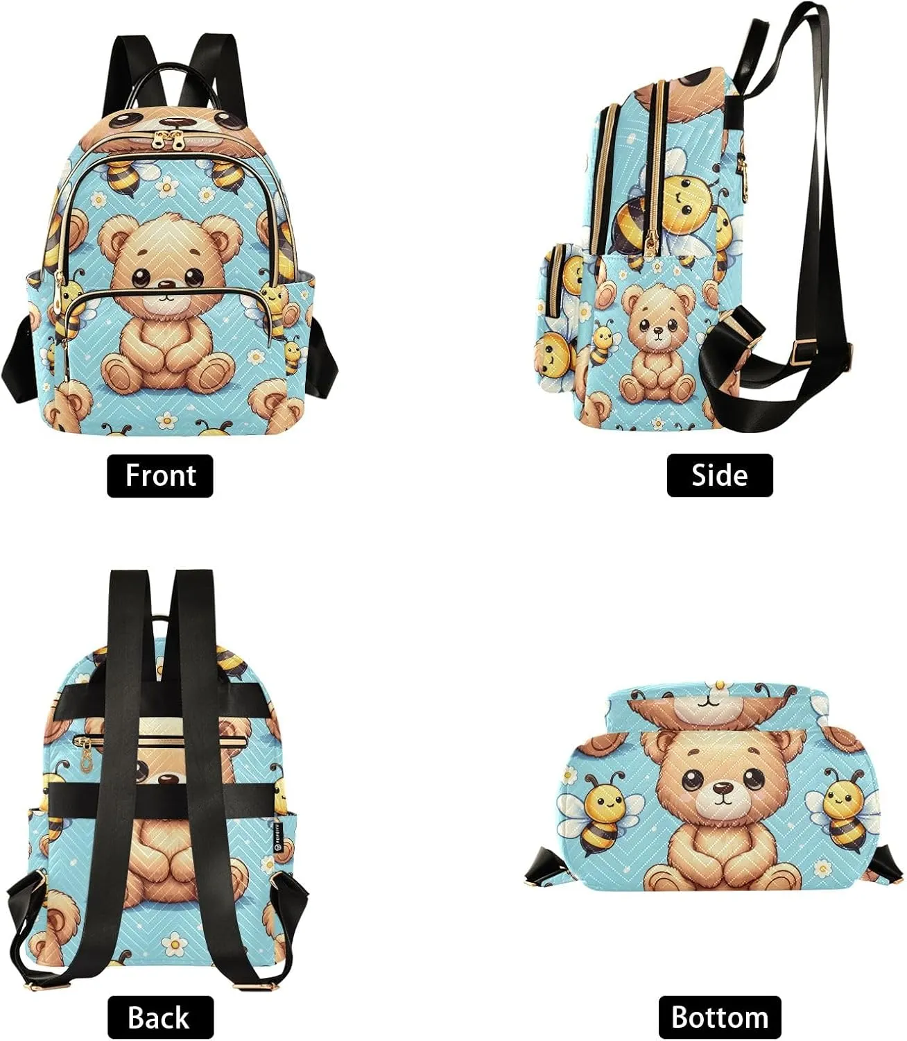 Small Backpack Purse for Women, Cute Teddy Bear Sit with Bee on Blue Background Travel Bag Casual Daypack Shoulder Bag