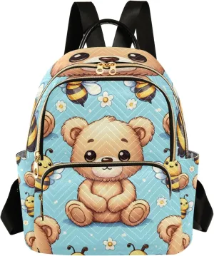 Small Backpack Purse for Women, Cute Teddy Bear Sit with Bee on Blue Background Travel Bag Casual Daypack Shoulder Bag