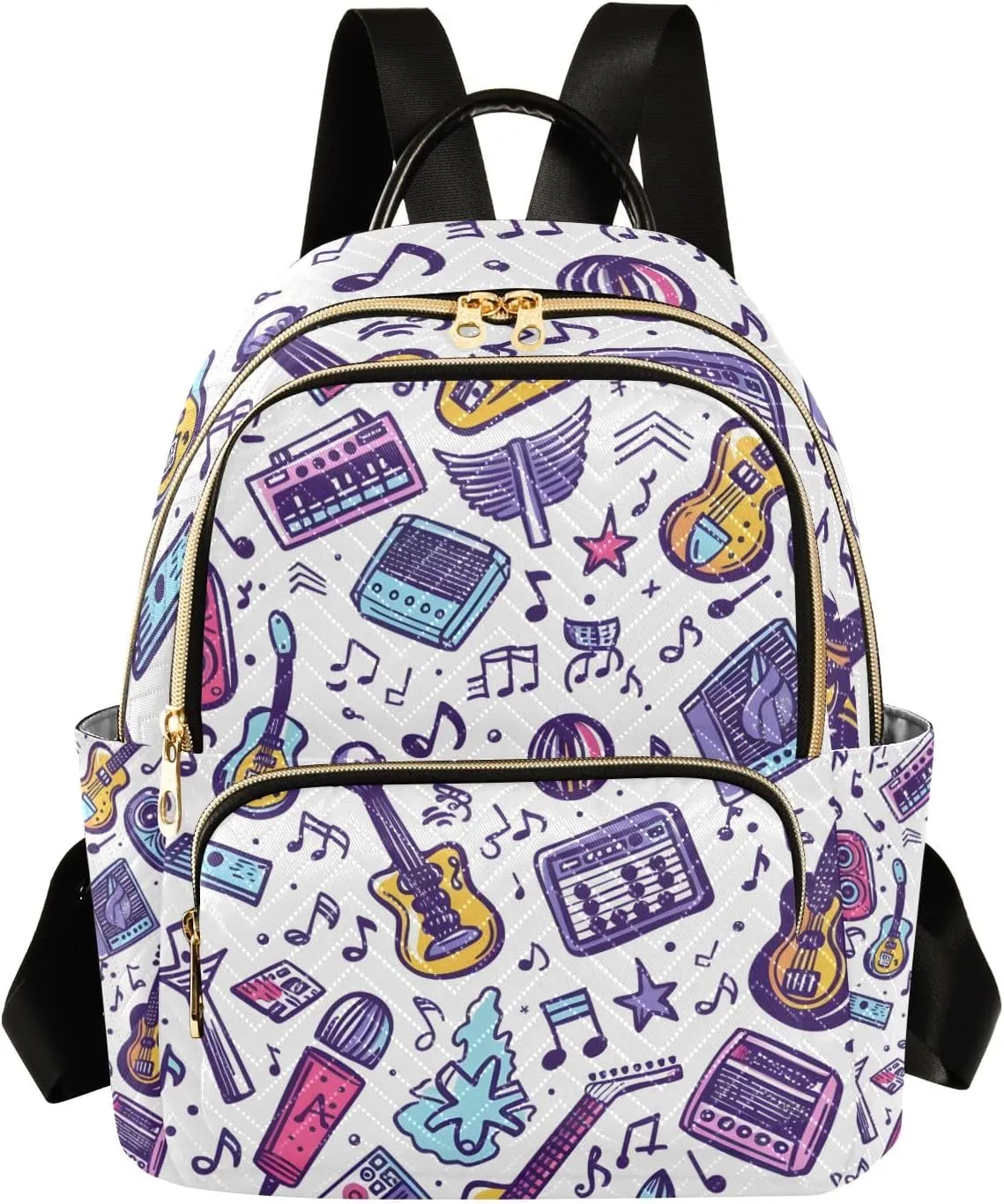 Small Backpack Purse for Women, Music Notes Guitar Radio Travel Bag Casual Daypack Shoulder Bag