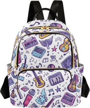 Small Backpack Purse for Women, Music Notes Guitar Radio Travel Bag Casual Daypack Shoulder Bag