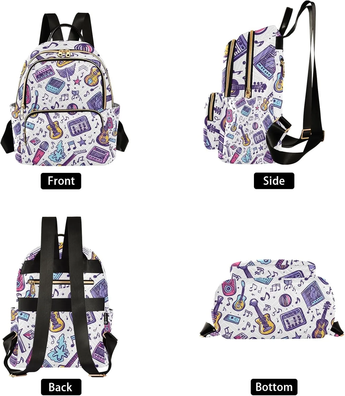 Small Backpack Purse for Women, Music Notes Guitar Radio Travel Bag Casual Daypack Shoulder Bag