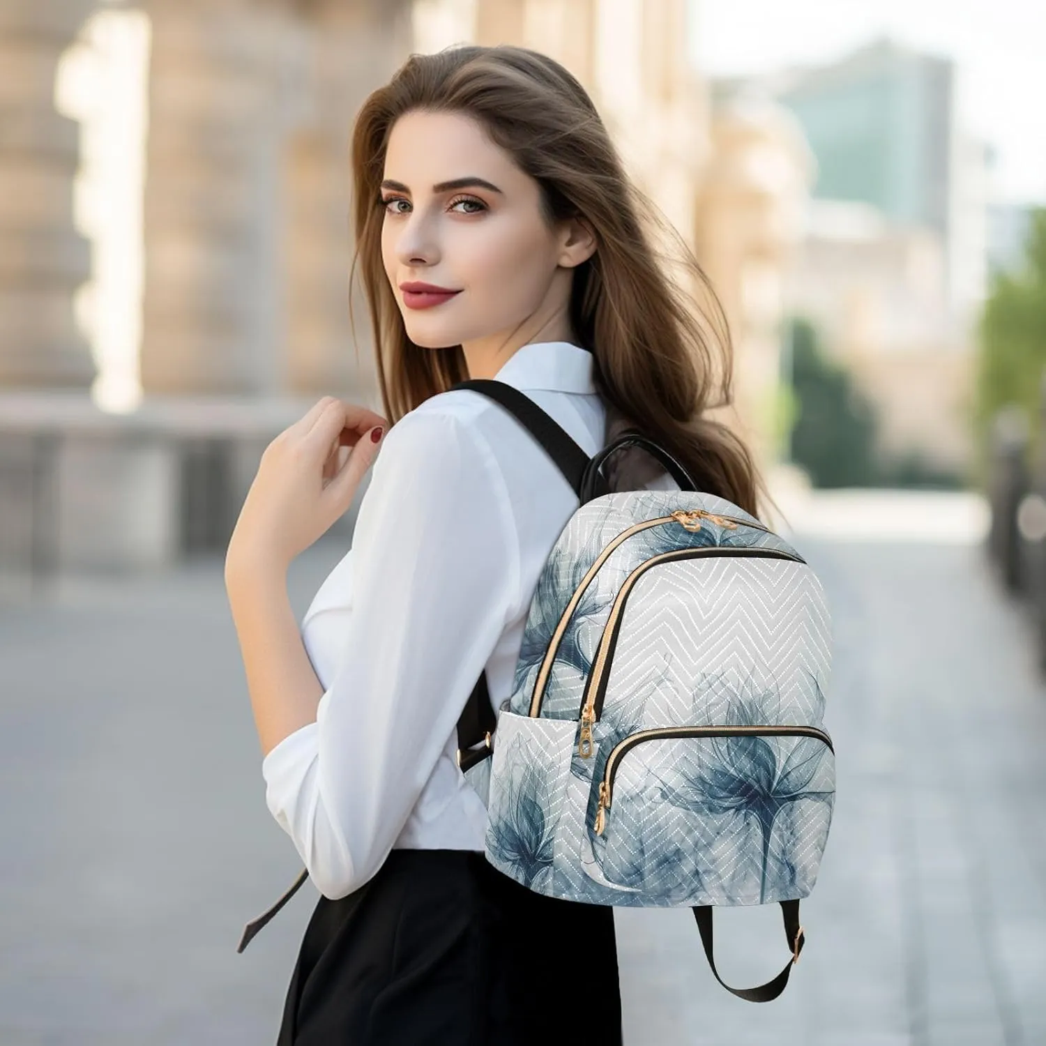 Small Fashion Backpack for Women Blue Flower Emitting Print Ladies Travel Daypack Aesthetic Shoulder Bag
