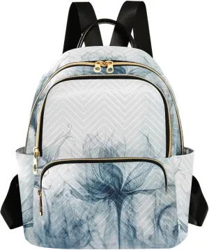Small Fashion Backpack for Women Blue Flower Emitting Print Ladies Travel Daypack Aesthetic Shoulder Bag