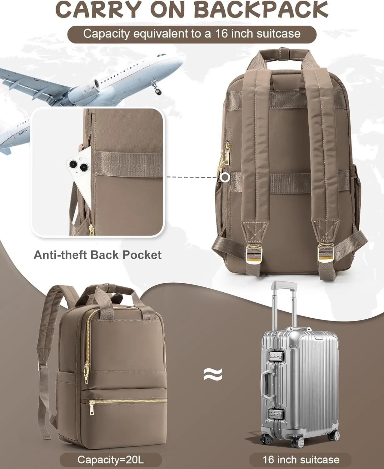 Small Travel Backpack For Women Travel Backpack Carry On Flight Approved Carry On Backpack Personal Item Travel Bag Laptop Teacher Backpack Work Backpack For Traveling On Airplane Brown