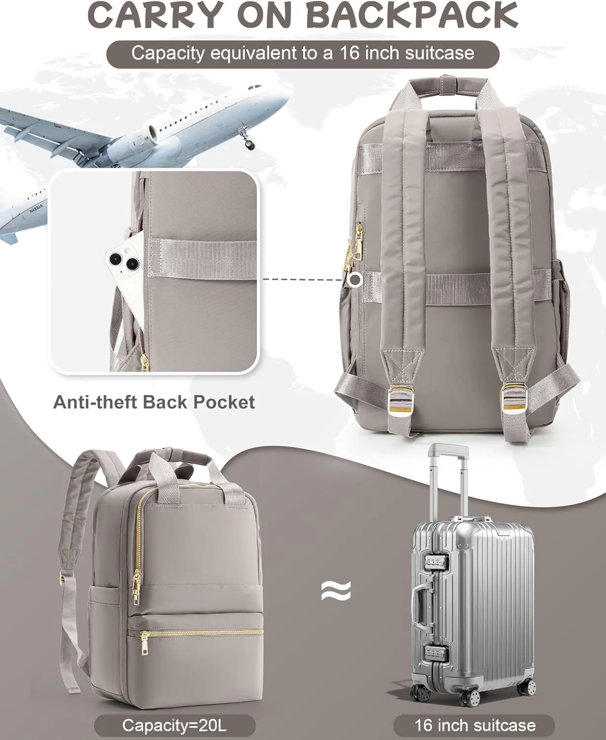 Small Travel Backpack For Women Travel Backpack Carry On Flight Approved Carry On Backpack Personal Item Travel Bag Laptop Teacher Backpack Work Backpack For Traveling On Airplane Khaki
