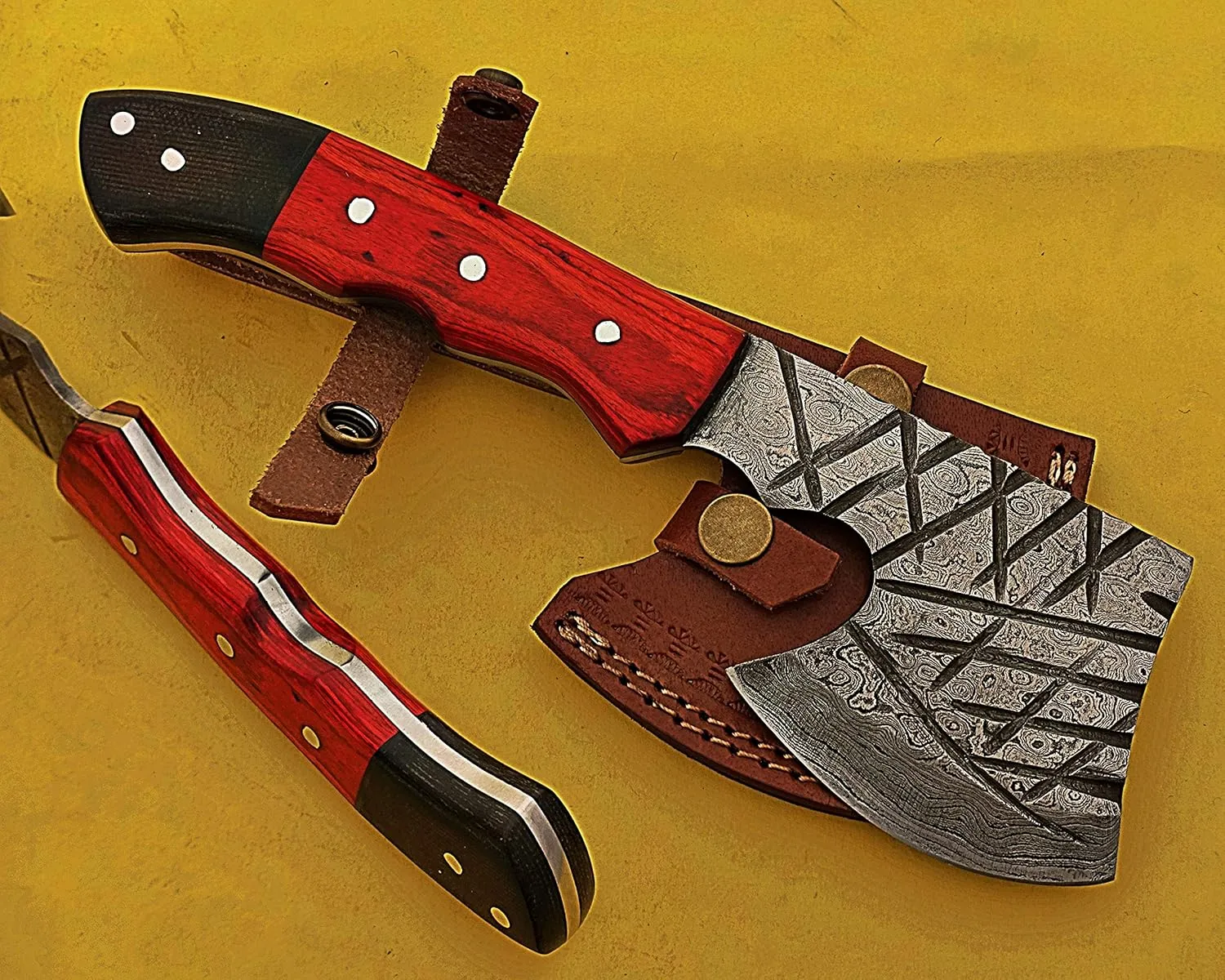 Smart & Sharp Custom Handmade Damascus Steel Mini Throwing Axe SS-17379 (Orange and Black Wood)