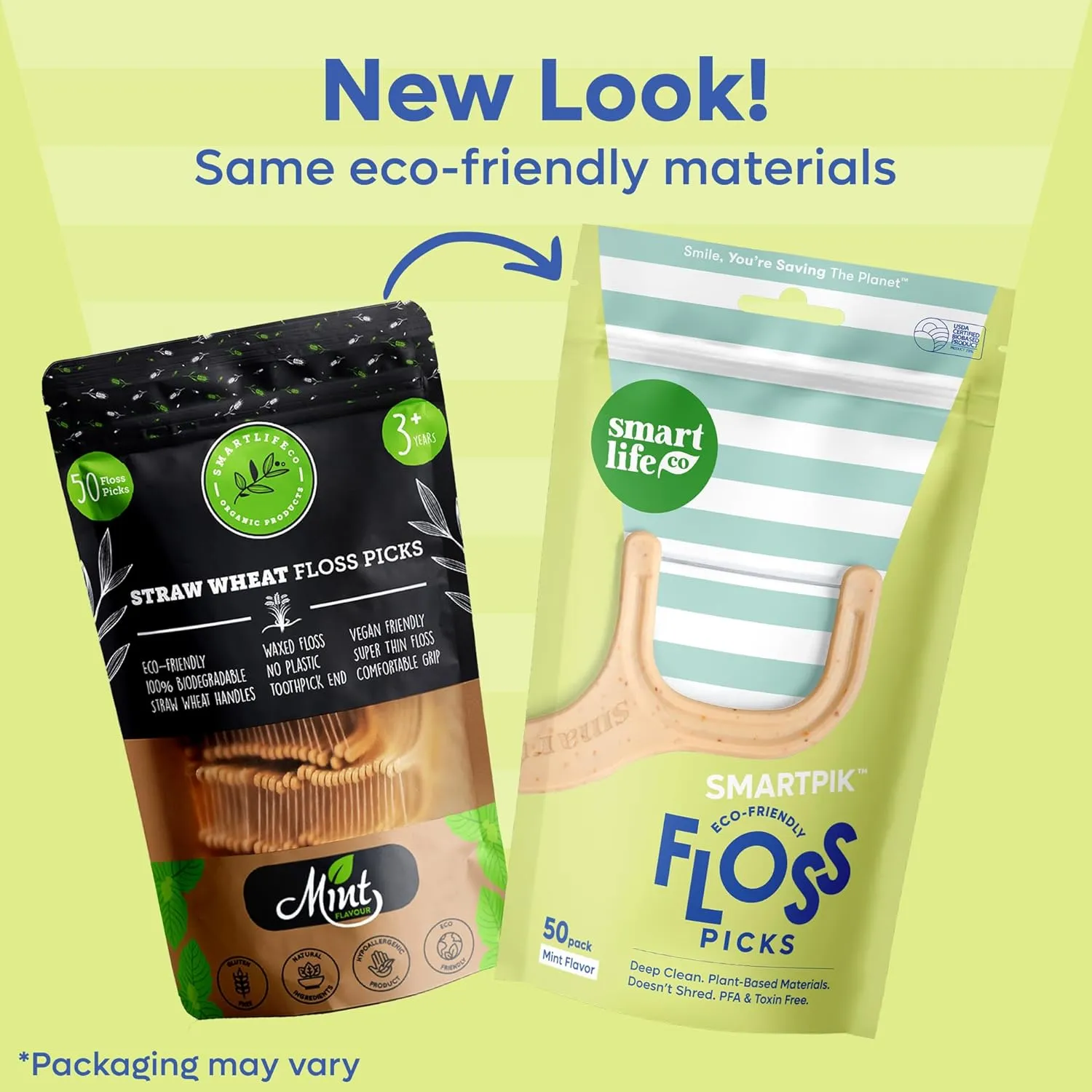 SmartLifeco Biodegradable* Dental Floss Picks - Thin Thread Tooth Flossers for Adults & Kids, Eco-Friendly Handle, Straw Wheat Toothpick Soft on Gum & Teeth, Compostable* Zero Waste Vegan, 200 Mint