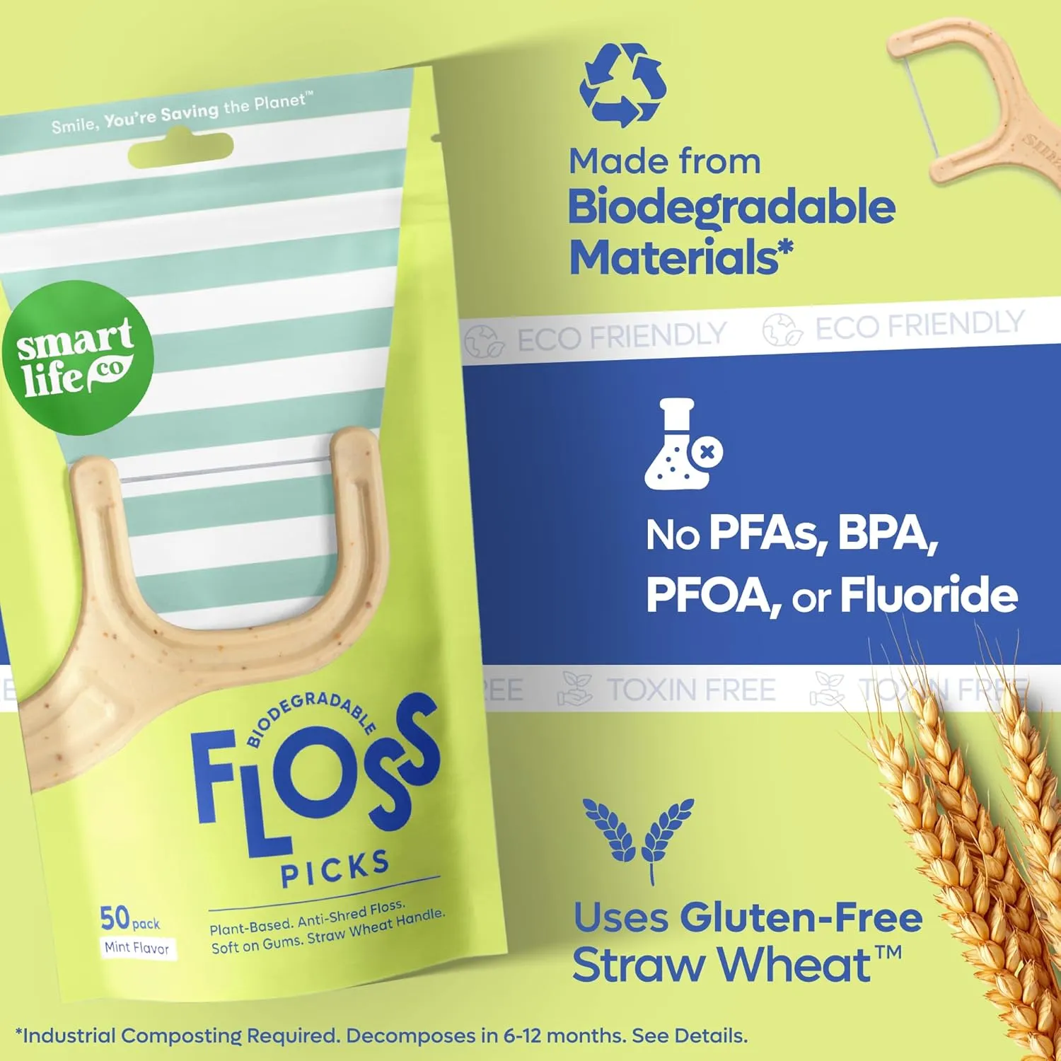 SmartLifeco Biodegradable* Dental Floss Picks - Thin Thread Tooth Flossers for Adults & Kids, Eco-Friendly Handle, Straw Wheat Toothpick Soft on Gum & Teeth, Compostable* Zero Waste Vegan, 200 Mint