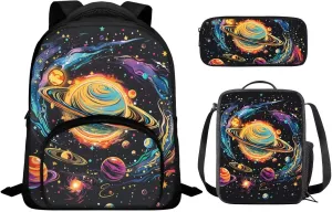 Solar System Backpack for Boys Girls 3PCS Backpack Set with Lunch Bag Pencil Case Cool Galaxy Bookbags for Children Teens Lightweight 12 Inch Backpack 3 in 1 Set for School Travel