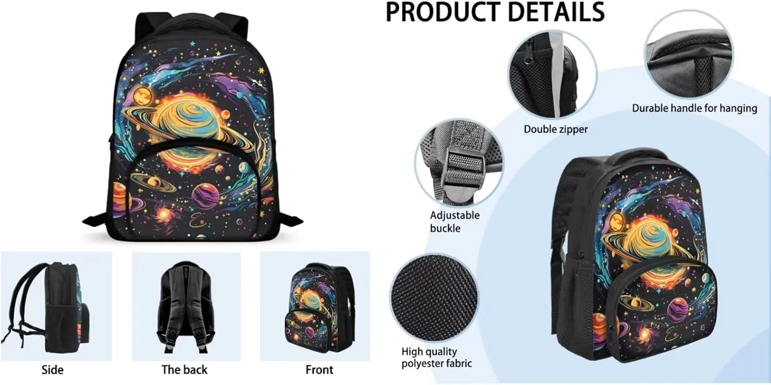 Solar System Backpack for Boys Girls 3PCS Backpack Set with Lunch Bag Pencil Case Cool Galaxy Bookbags for Children Teens Lightweight 12 Inch Backpack 3 in 1 Set for School Travel