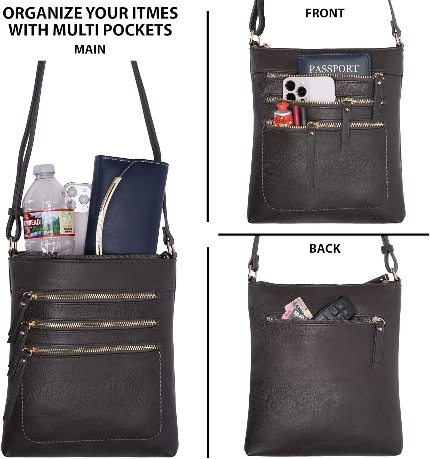 Solene Crossbody Bag Functional Multi Pocket Messenger Purse Top Zip Closure Shoulder Handbag With Adjustable Strap