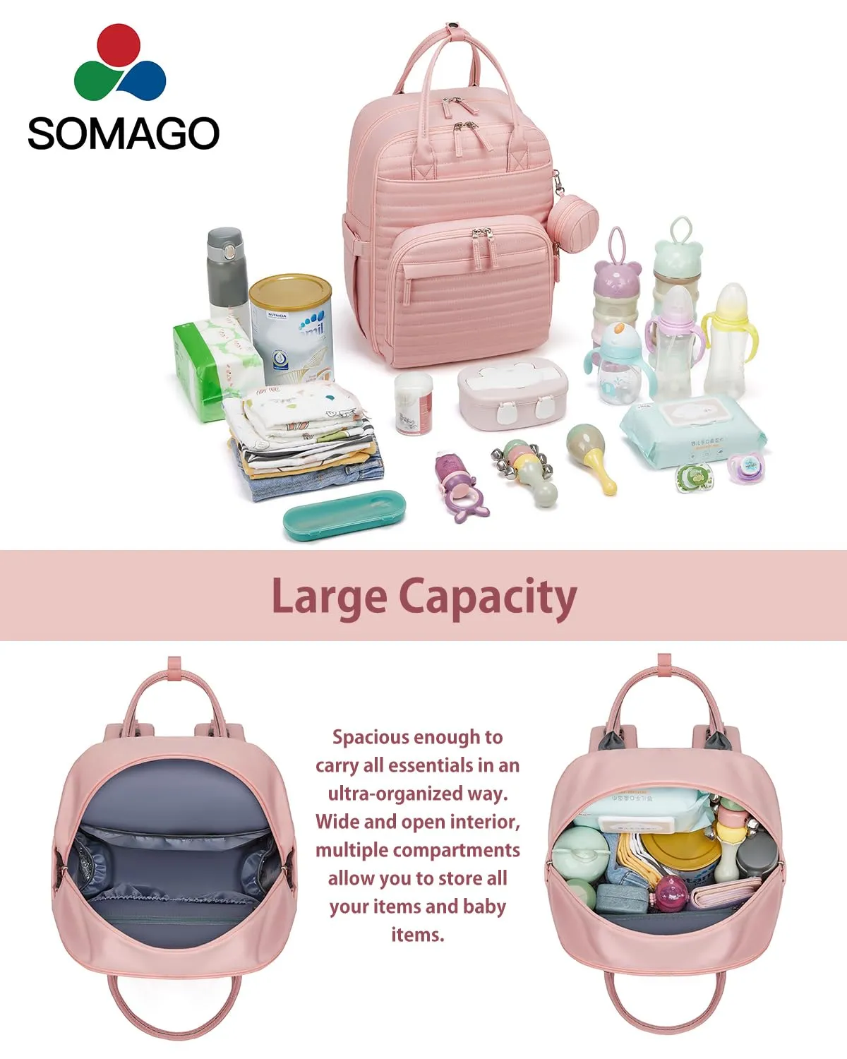 Somago Baby Diaper Backpack Multifunction Travel Essentials Baby Bag backpack for Baby Boys Girls with Changing pad Stroller Straps Pacifier Case Insulated Pockets (Pink)