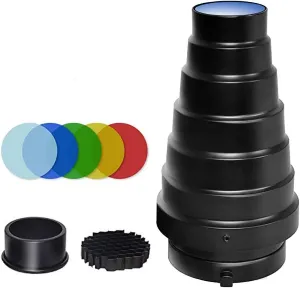 Soonpho Aluminium Alloy Conical Snoot Kit for Bowens Mount Strobe Flash Speedlite Photography,Honeycomb Grid and 5 Pieces Color Filters for Bowens Mount Strobe Flash Speedlite