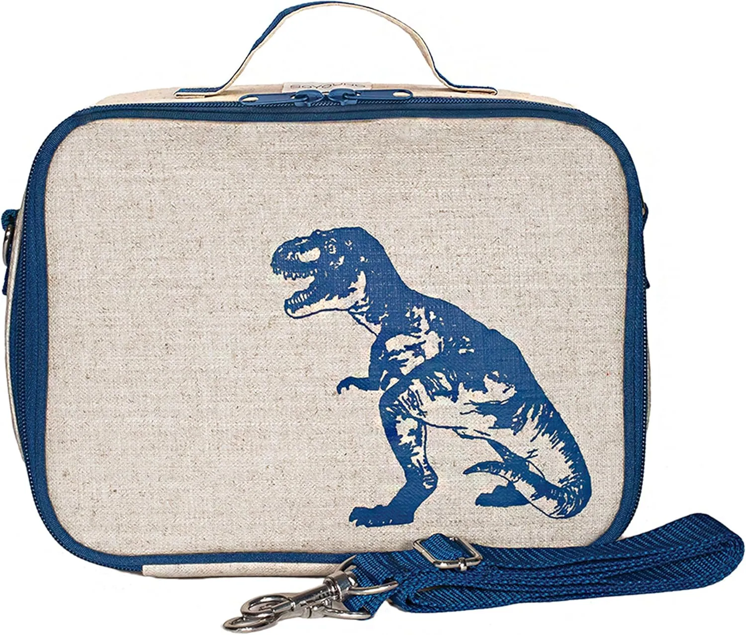 SoYoung Lunch Bag - Raw Linen, Eco-Friendly, Retro-Inspired and Easy to Clean (Blue Dinosaur)