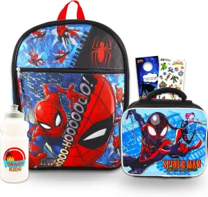 Spiderman Backpack with Lunch Box Set - Bundle with 16” Miles Morales Backpack & Lunch Bag, Water Bottle, Stickers, More | Spiderverse School Supplies