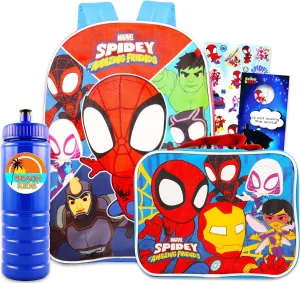 Spidey and His Amazing Friends Backpack Set - 5 Pc Marvel Spiderman School Supplies Bundle with 16” Backpack and Lunch for Kids Plus Water Bottle, Stickers, and More (Spiderman Bag Pack)