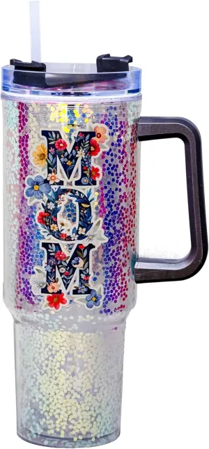 Spoontiques Mom 40oz Glitter Acrylic Travel Mug - Double Wall Acrylic with Sliding Lock Travel Lid and Straw - 11" Tall