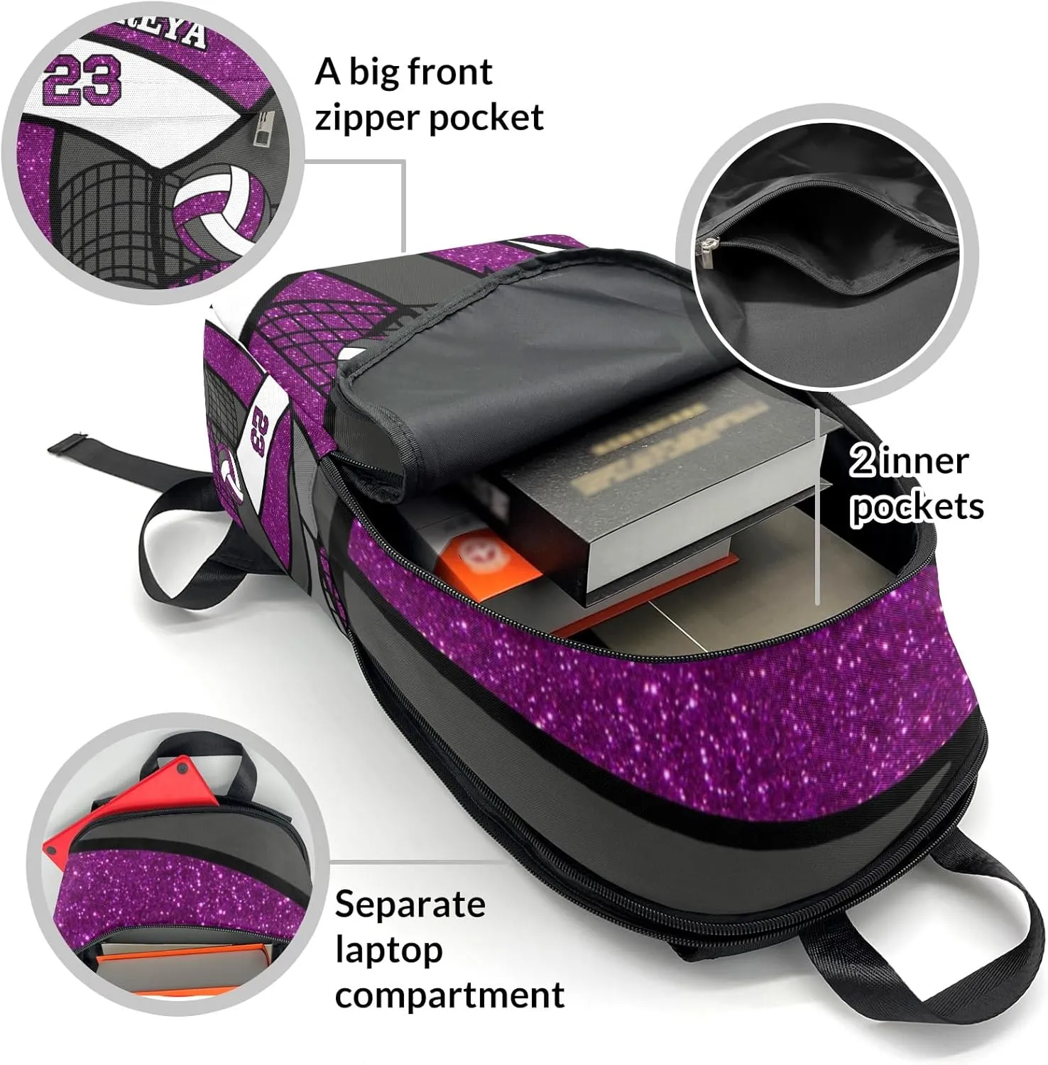 Sport Volleyball Glitter Grape Personalized Backpack for Teen Custom Travel Backpack for Boys Girs Bookbag Casual Bag Name Gift, Design 10, EU5566SS