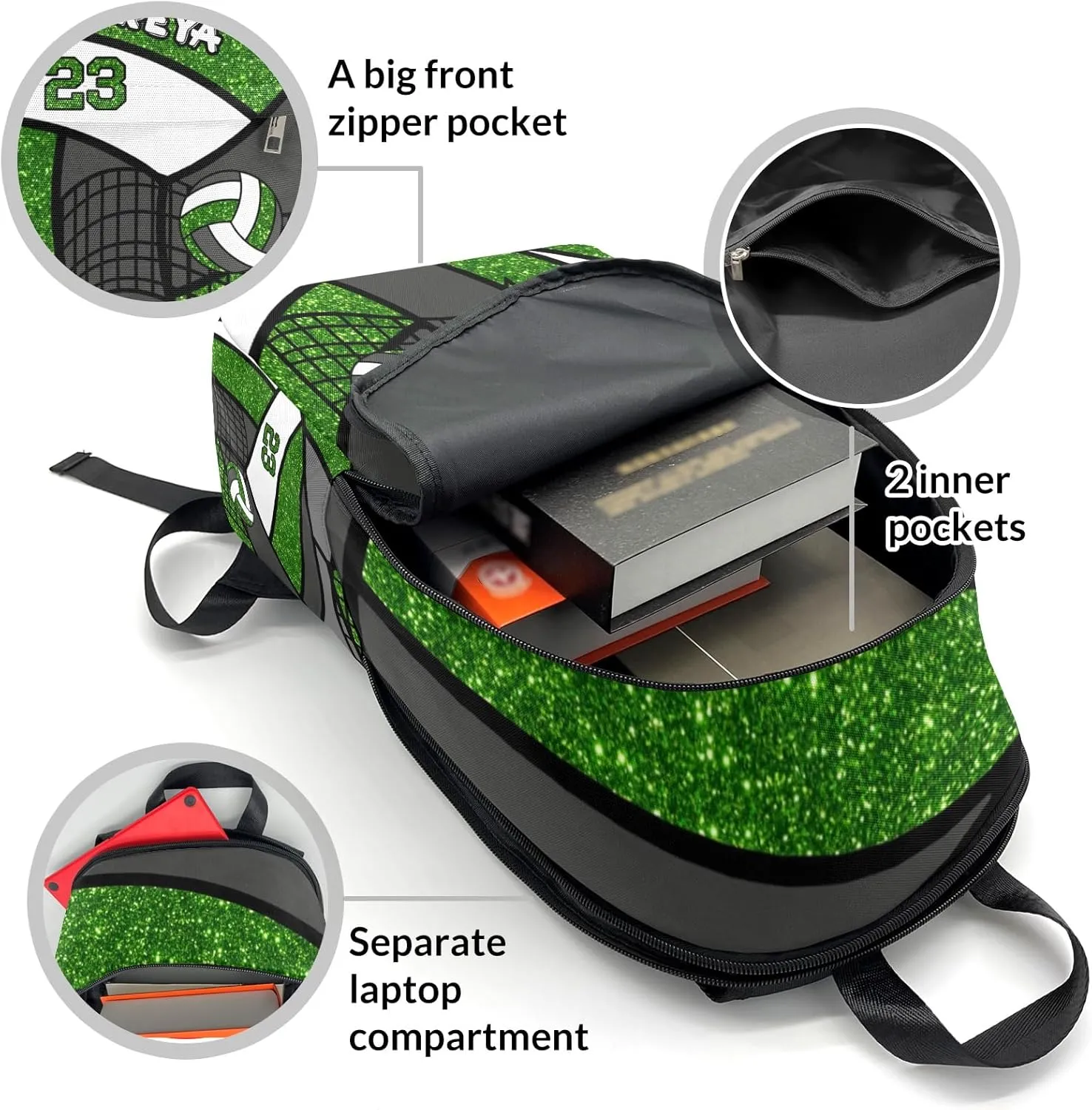 Sport Volleyball Glitter Green Personalized Backpack for Teen Custom Travel Backpack for Boys Girs Bookbag Casual Bag Name Gift