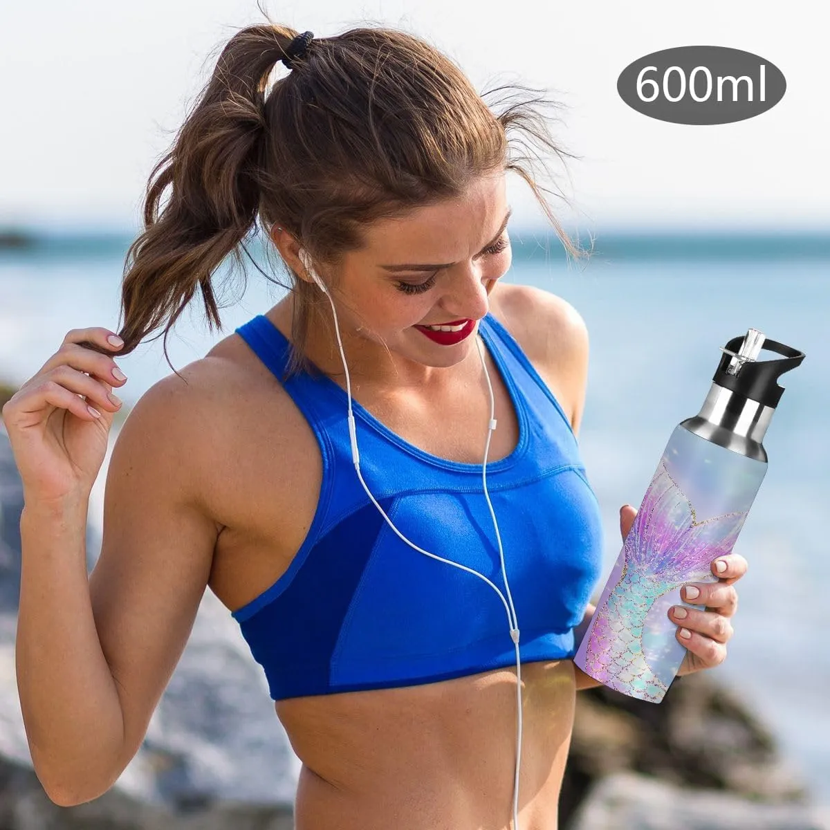 Sport Water Bottle with Straw Elegant Mermaid Tail Ombre Glitter Sparkle Kids Water Bottle Stainless Steel Insulated Leakproof Vacuum Insulated Tumblers for School Travel