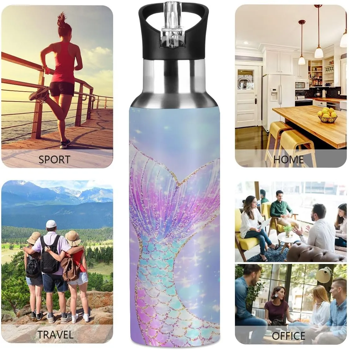 Sport Water Bottle with Straw Elegant Mermaid Tail Ombre Glitter Sparkle Kids Water Bottle Stainless Steel Insulated Leakproof Vacuum Insulated Tumblers for School Travel