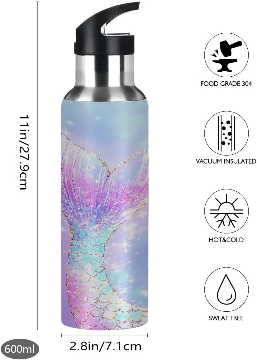 Sport Water Bottle with Straw Elegant Mermaid Tail Ombre Glitter Sparkle Kids Water Bottle Stainless Steel Insulated Leakproof Vacuum Insulated Tumblers for School Travel