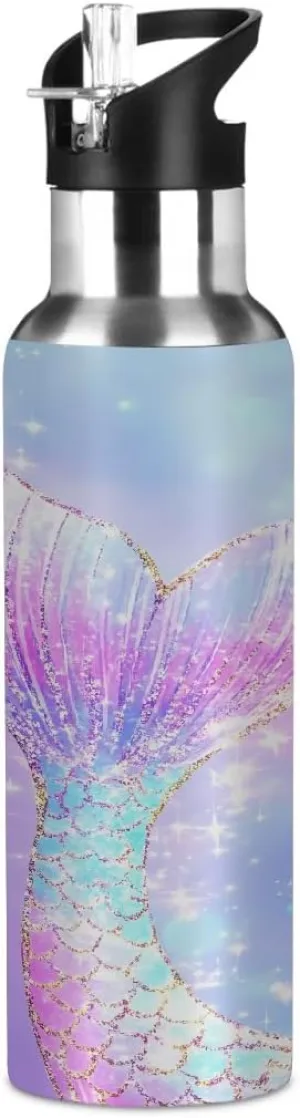 Sport Water Bottle with Straw Elegant Mermaid Tail Ombre Glitter Sparkle Kids Water Bottle Stainless Steel Insulated Leakproof Vacuum Insulated Tumblers for School Travel