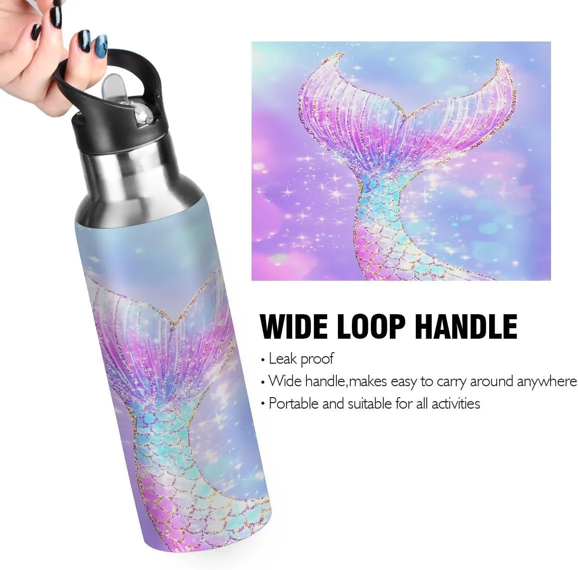 Sport Water Bottle with Straw Elegant Mermaid Tail Ombre Glitter Sparkle Kids Water Bottle Stainless Steel Insulated Leakproof Vacuum Insulated Tumblers for School Travel