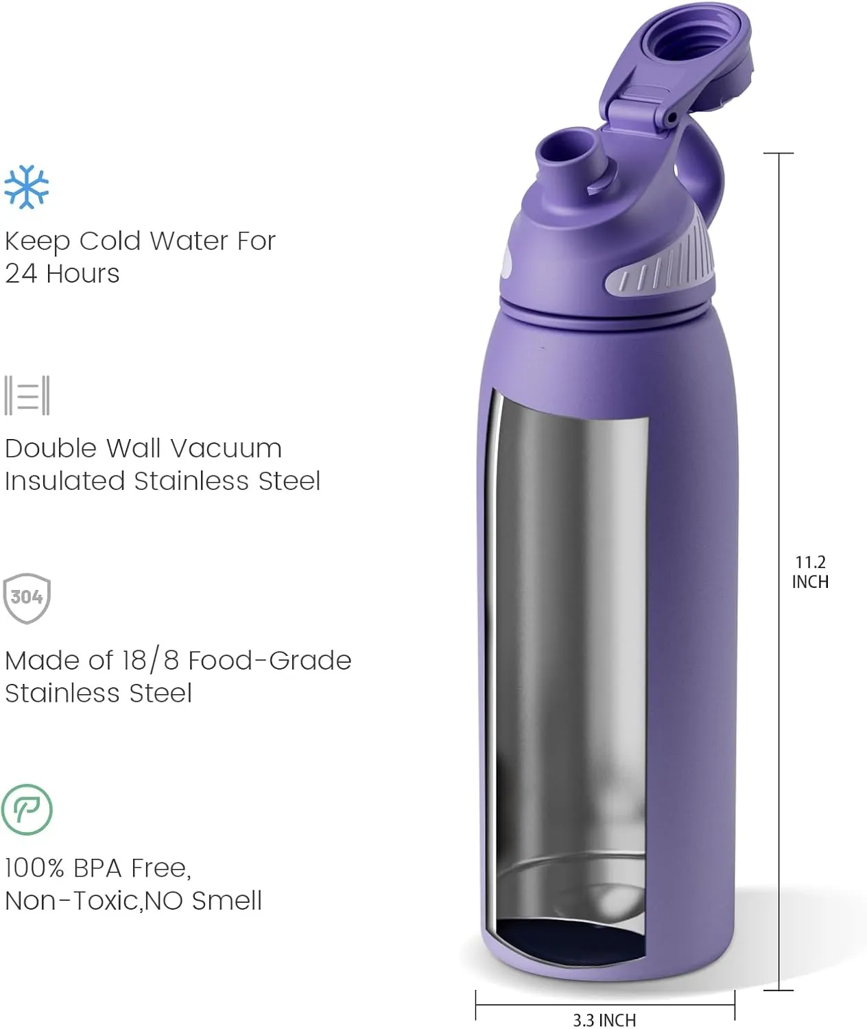 Stainless Steel Insulated Sports Water Bottle 32oz, BPA-Free, Double-Wall Vacuum Insulation, Magnetic Cap, No Straw - Ideal Thermos for School, Fitness, and Outdoor Activities, Violet