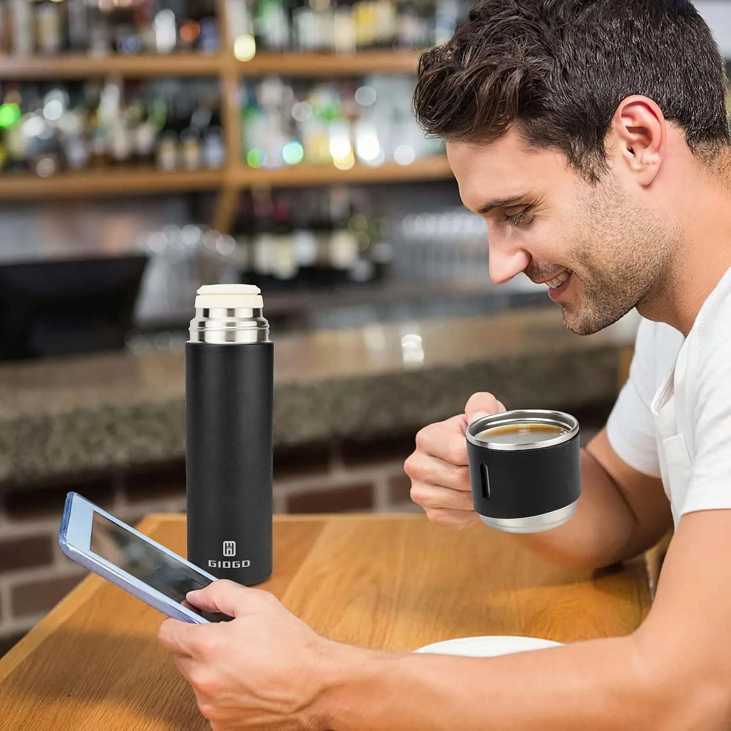 Stainless Steel Thermo 500ml/16.9oz Vacuum Insulated Bottle with Cup for Coffee Hot drink and Cold drink water flask.(Black,Set)