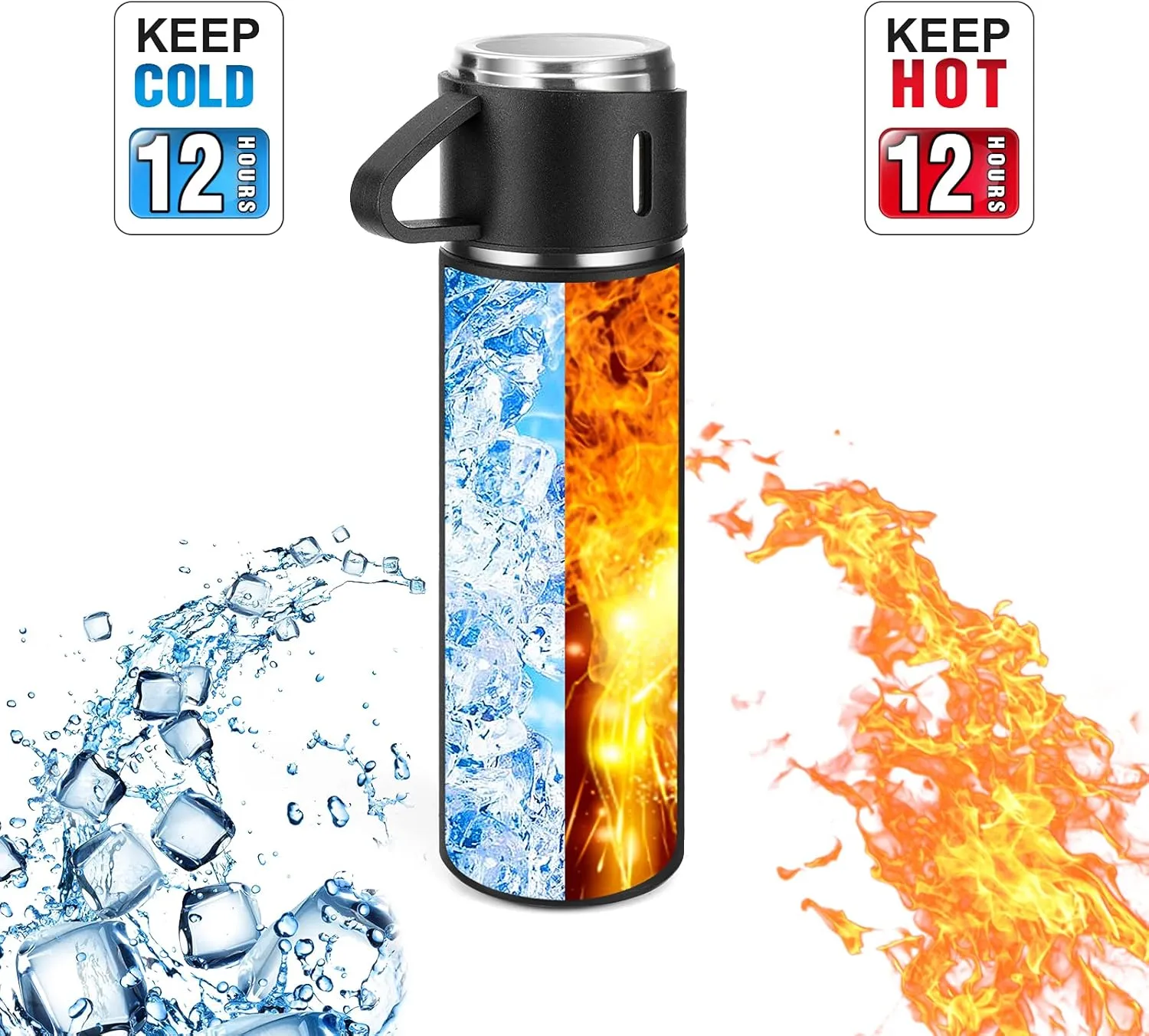 Stainless Steel Thermo 500ml/16.9oz Vacuum Insulated Bottle with Cup for Coffee Hot drink and Cold drink water flask.(Black,Set)