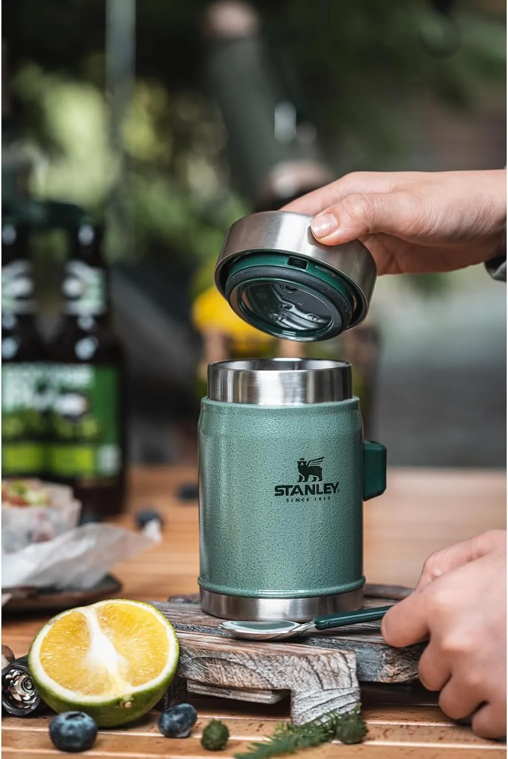 Stanley Classic Food Jar and Spork 14 oz | Vacuum Insulated Thermos Food Container | Wide Mouth Screw On Lid | Packable for Travel | Stainless Steel with Leakproof Lid | BPA-Free | Hammertone Green